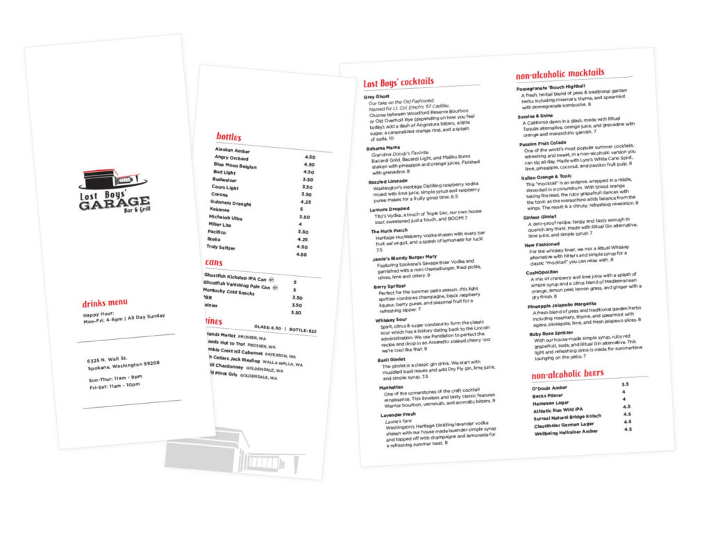 Lost Boys' Garage drink menu print design